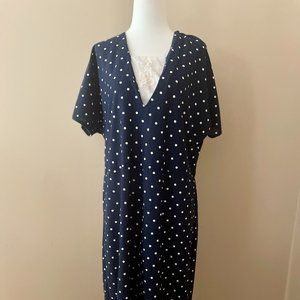 Vintage Dress 1980s Does 1950s Polka Dot Navy Blue Midi Dress